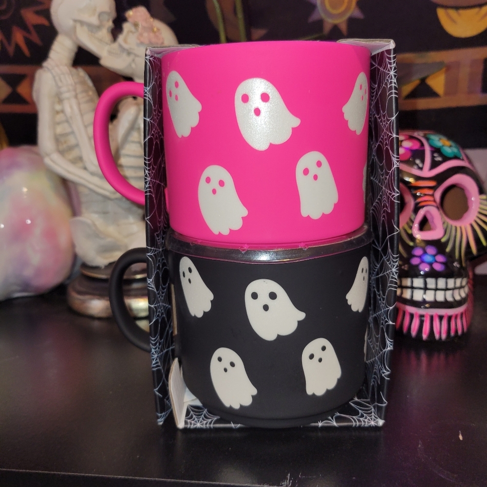 Pink and Black Ghost Mugs Set